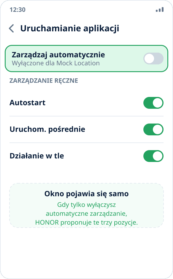 Zarządzanie uruchamianiem aplikacji na HONOR: tryb ręczny z włączonym autostartem, uruchamianiem pośrednim i działaniem w tle