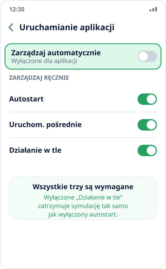 Ustawienia Huawei: dla Mock Location wyłączone automatyczne zarządzanie uruchamianiem, włączone trzy przełączniki