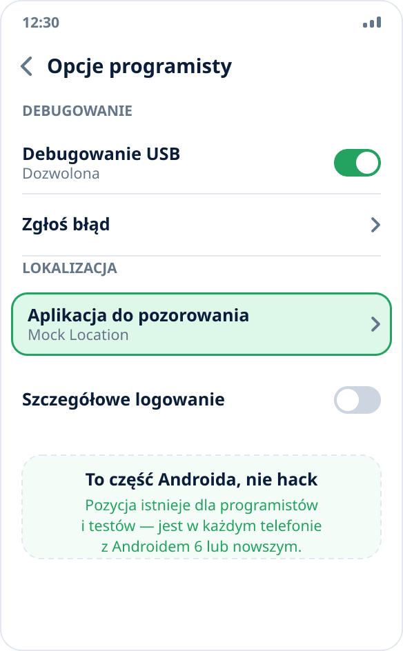 Pozycja „Aplikacja do pozorowania lokalizacji” w opcjach programistycznych Androida — obok debugowania USB