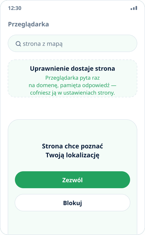 Prośba przeglądarki o dostęp do lokalizacji: po zezwoleniu strona dostaje podmienione współrzędne