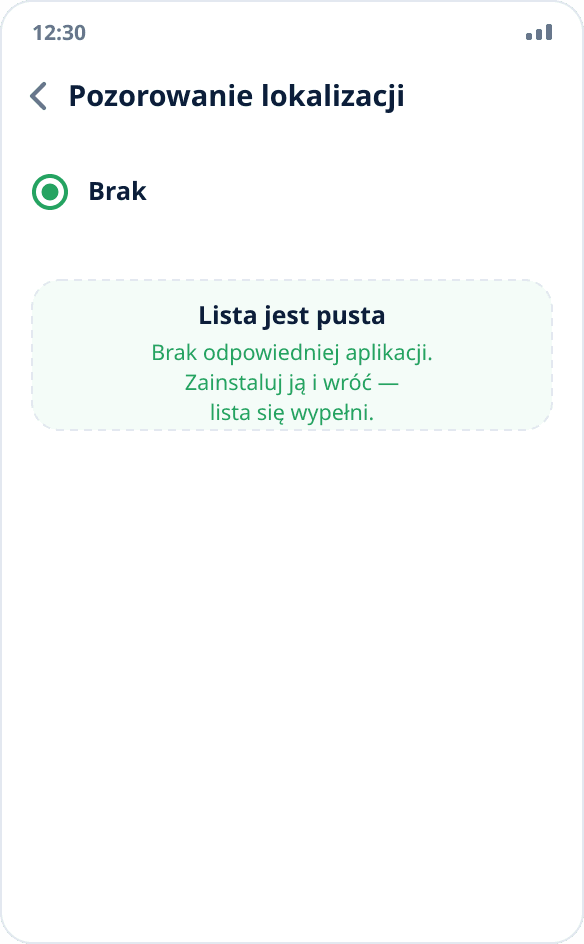 Pusta lista aplikacji do pozorowania lokalizacji: wybrano „Brak”, odpowiednia aplikacja nie jest zainstalowana