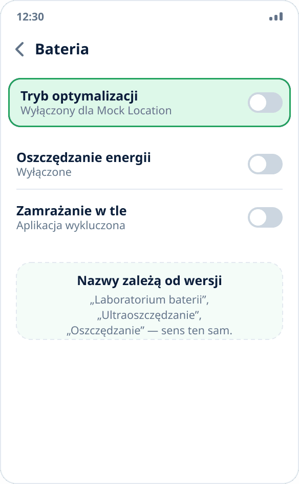 Ustawienia baterii na Tecno i Infinix: dla aplikacji wyłączone tryb optymalizacji i oszczędzanie energii