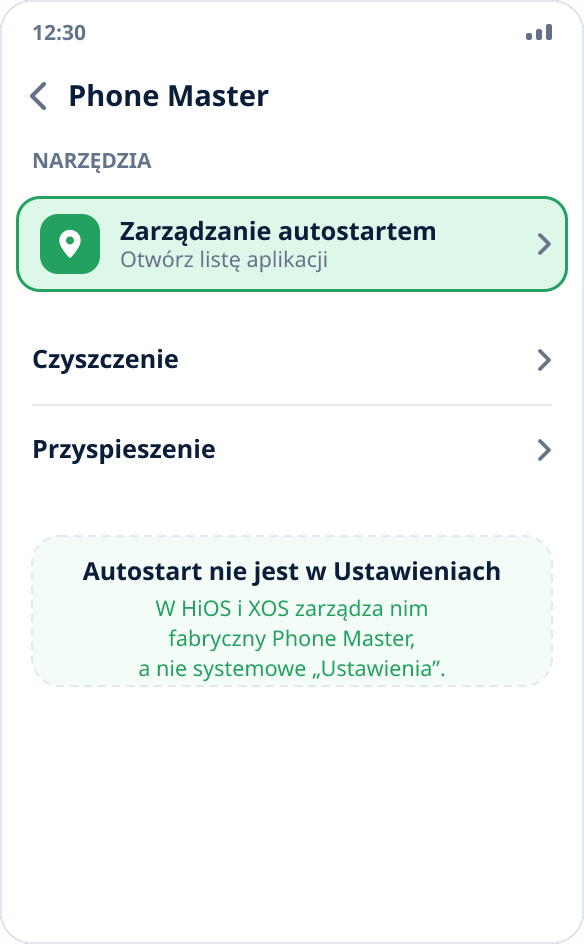 Aplikacja Phone Master na Tecno i Infinix: sekcja „Zarządzanie autostartem” z włączonym przełącznikiem