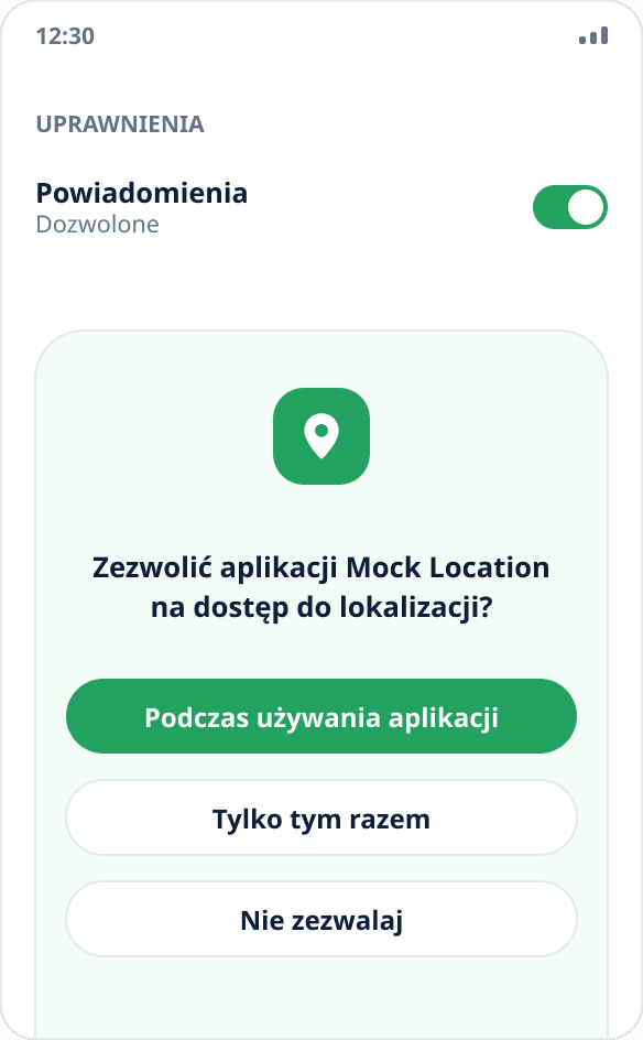 Systemowa prośba Androida o dostęp do lokalizacji dla aplikacji Mock Location
