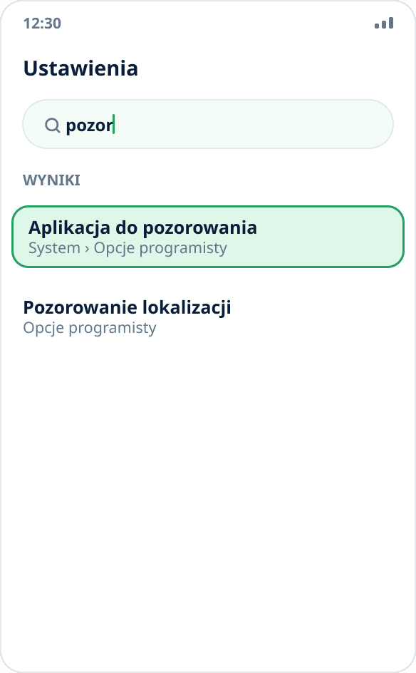 Wyszukiwanie w ustawieniach Androida: znaleziono pozycję „Aplikacja do pozorowania lokalizacji”
