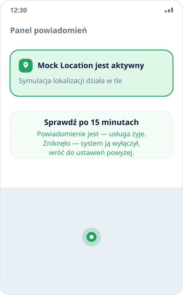 Stałe powiadomienie Mock Location na pasku: symulacja lokalizacji działa w tle