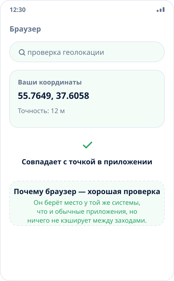 Проверка геолокации в браузере: страница показывает координаты, совпадающие с выбранной точкой