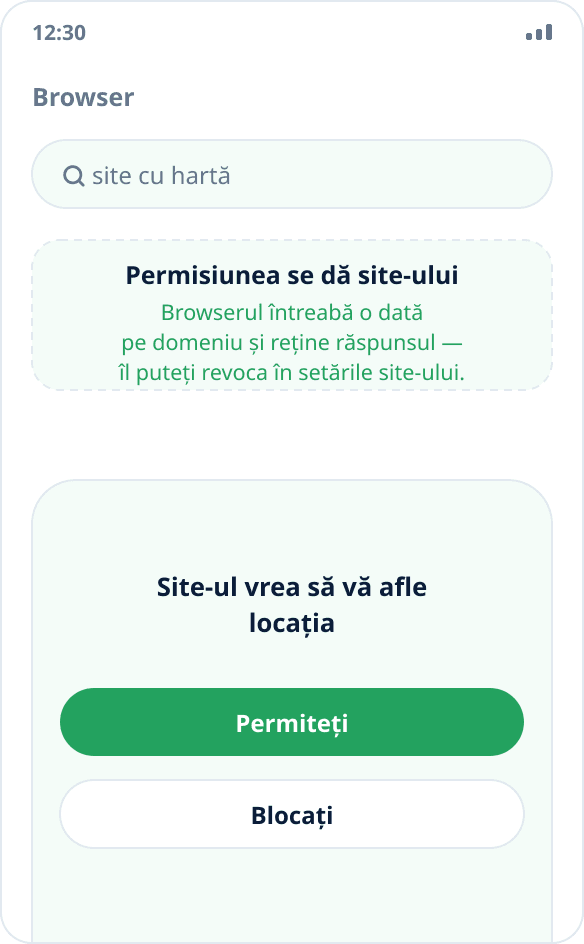 Cererea browserului pentru accesul la locație: după permisiune, site-ul primește coordonatele simulate