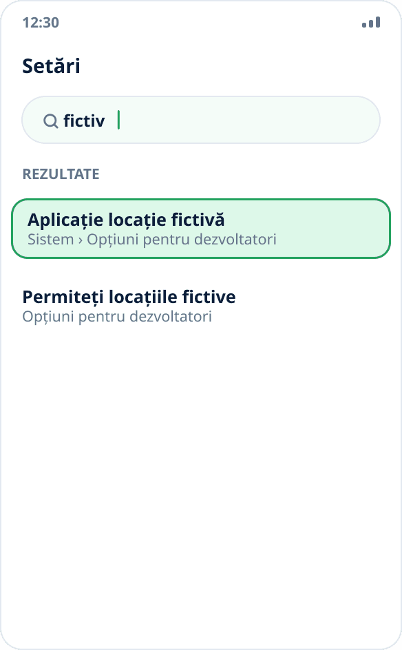 Căutare în setările Android după „fictiv”: este găsit „Selectează aplicația pentru locația de testare”