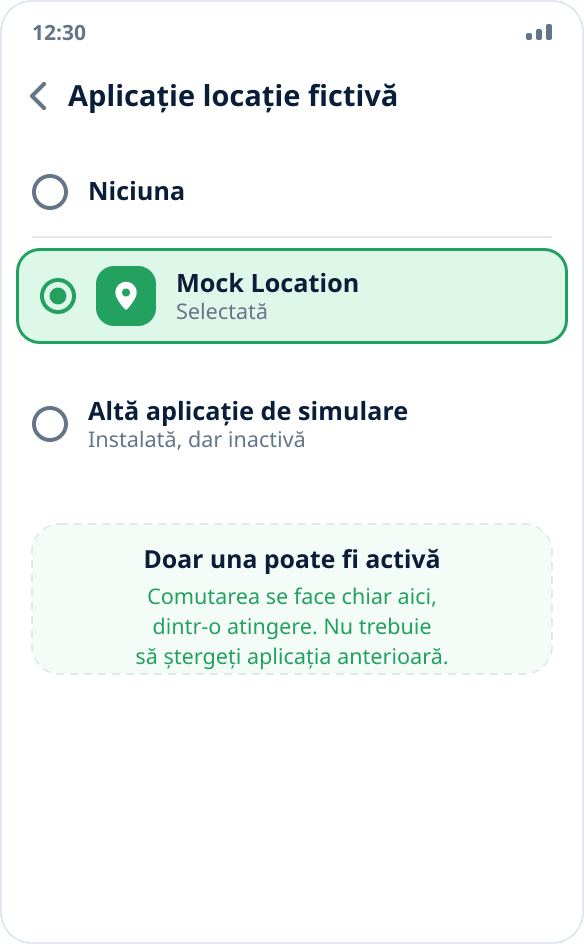 Lista aplicațiilor pentru locație fictivă: sunt instalate două, este aleasă una — sistemul permite doar una activă