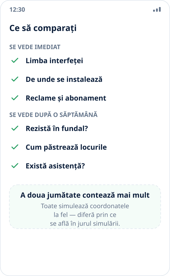 Listă pentru alegerea unei aplicații de simulare a locației: limba, sursa instalării, comportamentul în fundal, stocarea locurilor, reclamele