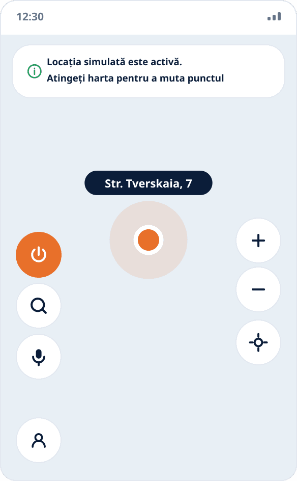 Ecranul Mock Location: hartă cu punctul ales, pionez portocaliu, butonul de pornire din stânga este evidențiat cu portocaliu — simularea este activă