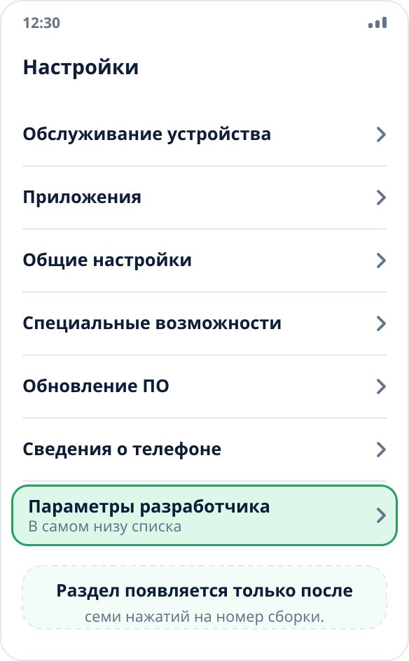 Общий список настроек Samsung: пункт «Параметры разработчика» находится в самом низу