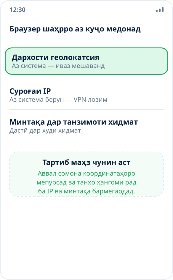 Се усуле, ки браузер бо онҳо ҷойгиршавиро муайян мекунад: дархости координатаҳо аз система, суроғаи IP ва минтақаи интихобшуда
