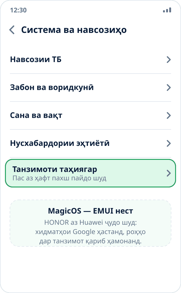 Бахши «Система ва навсозиҳо» дар HONOR: банди «Танзимоти таҳиягар» пас аз фаъол кардани реҷа