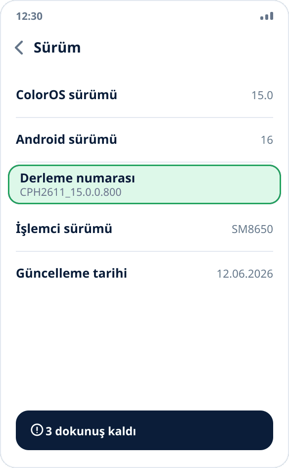 realme ve OPPO'da «Sürüm» ekranı: yedi kez dokunulması gereken «Yapım numarası» öğesi