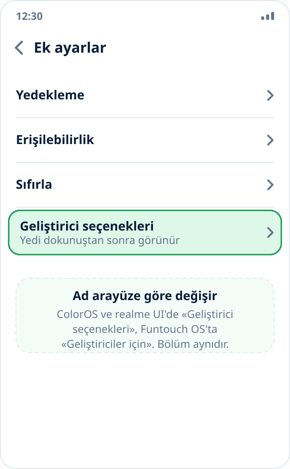 ColorOS'ta «Ek ayarlar» bölümü: listenin sonunda «Geliştirici seçenekleri»