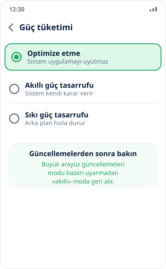 ColorOS'ta güç tüketimi modu seçimi: uygulama için «Optimize etme» seçili