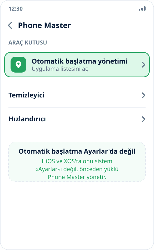 Tecno ve Infinix'te Phone Master uygulaması: anahtarı açık «Otomatik başlatma yönetimi» bölümü