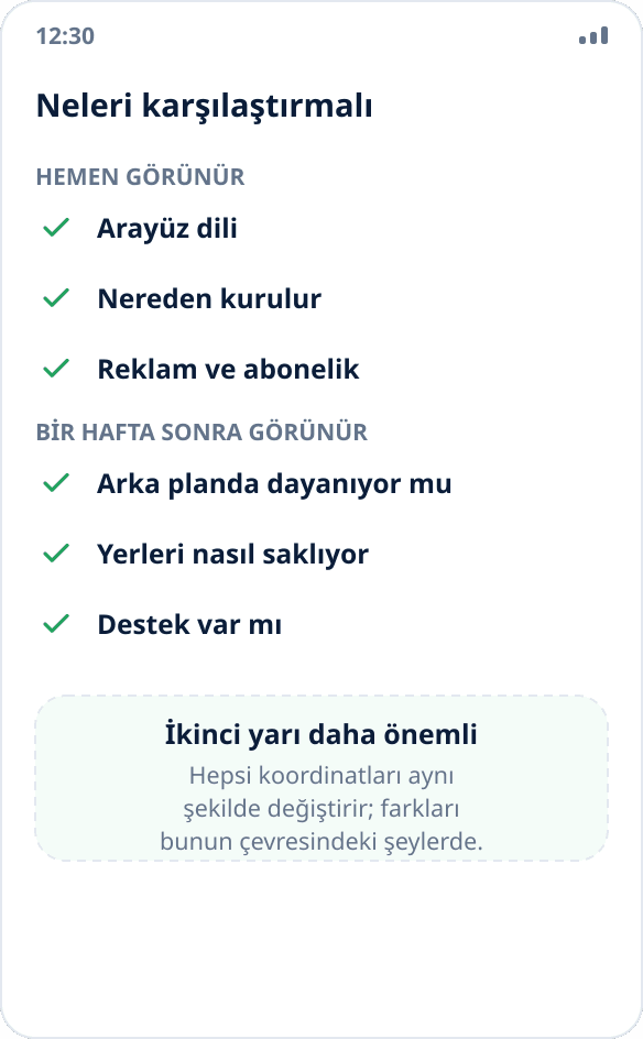 Konum değiştirme uygulaması seçim listesi: dil, kurulum kaynağı, arka plan davranışı, yerlerin saklanması, reklam