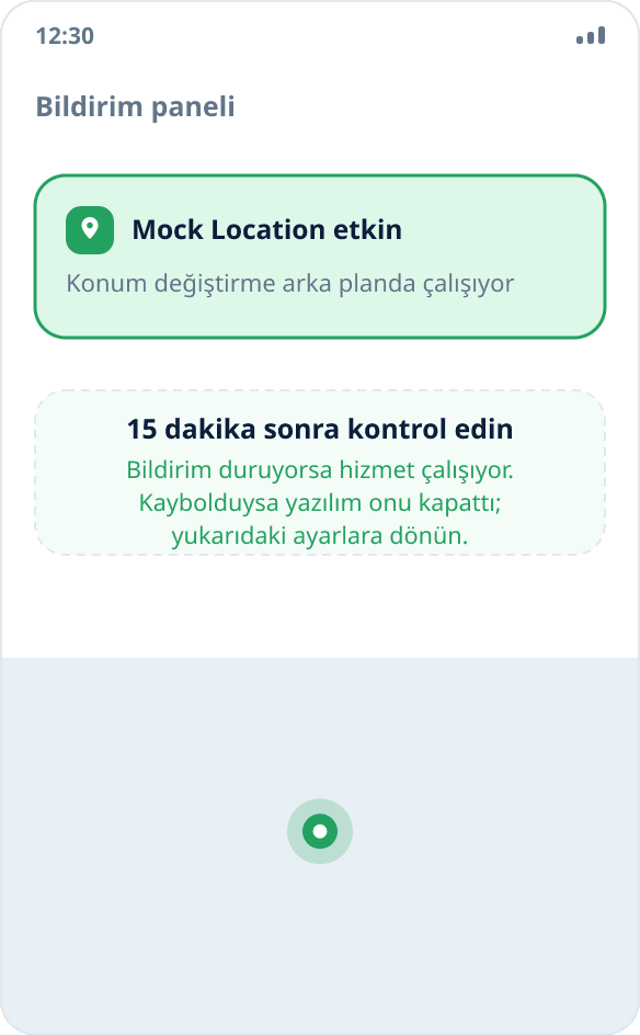 Bildirim panelinde kalıcı Mock Location bildirimi: konum değiştirme arka planda çalışıyor