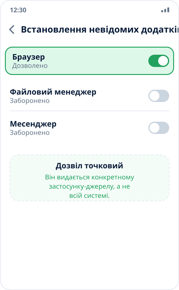 Налаштування Android: для браузера ввімкнено дозвіл «Дозволити з цього джерела»