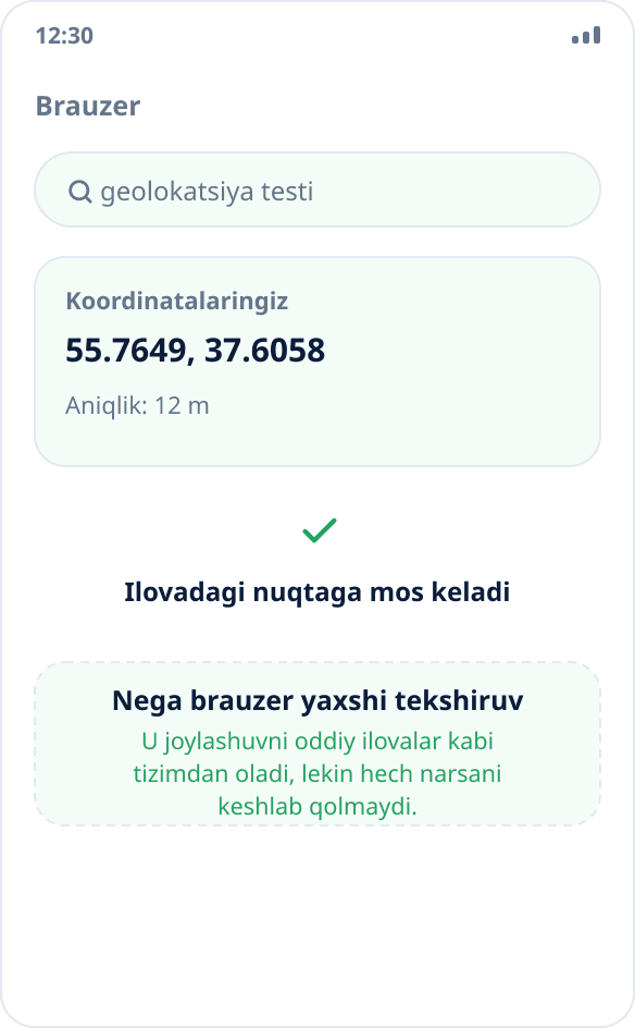 Brauzerda geolokatsiyani tekshirish: sahifa tanlangan nuqtaga mos koordinatalarni koʻrsatadi