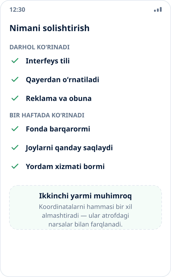 Geolokatsiyani almashtirish ilovasini tanlash roʻyxati: til, oʻrnatish manbai, fondagi xatti-harakat, joylarni saqlash, reklama