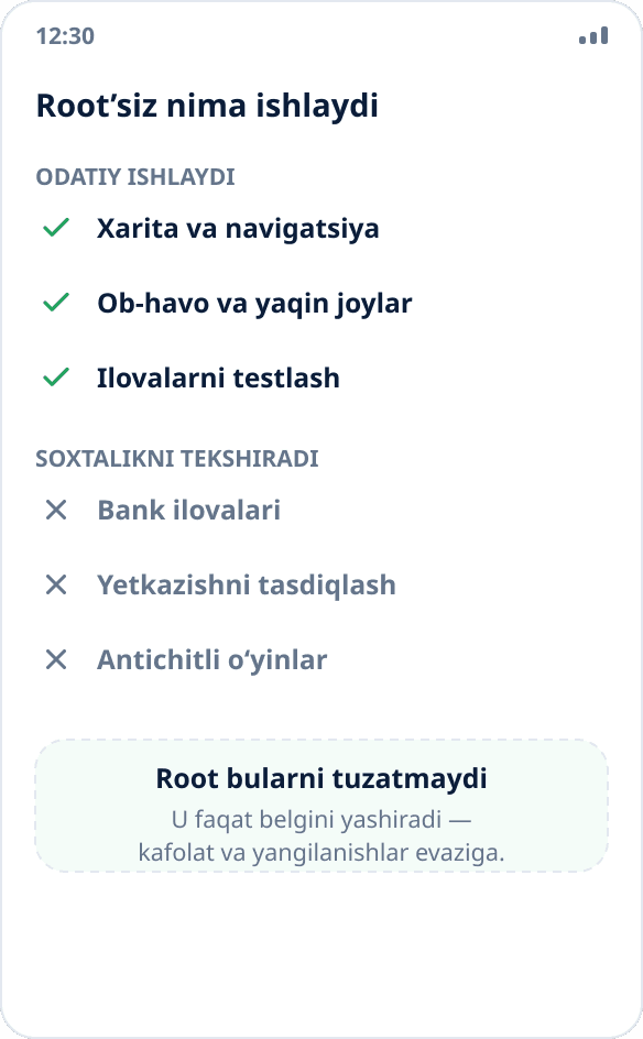 Ssenariylar taqqoslanishi: xaritalar, ob-havo va testlash root’siz ishlaydi, bank ilovalari va antichitlar — yoʻq