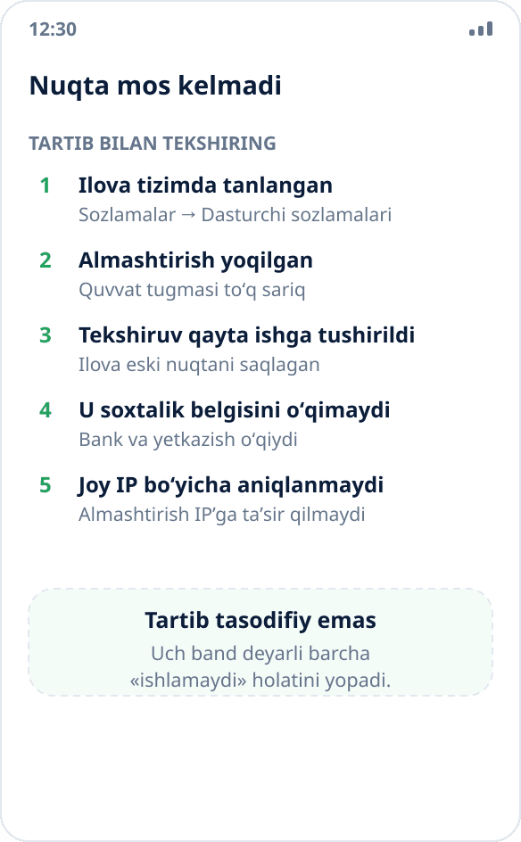 Ilova almashtirilgan joylashuv oʻrniga haqiqiysini koʻrsatmoqda: tekshirish kerak boʻlgan sabablar roʻyxati
