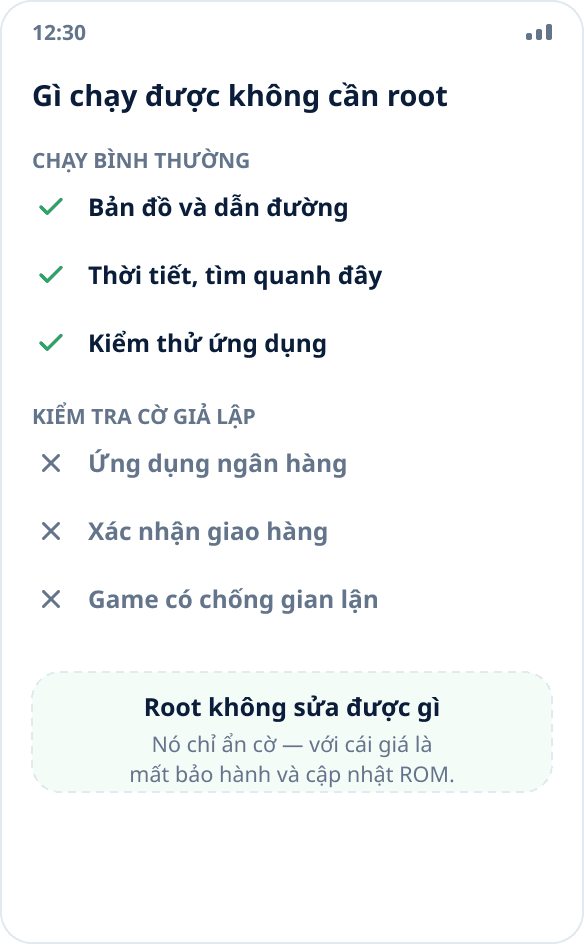 So sánh các kịch bản: bản đồ, thời tiết và kiểm thử hoạt động không cần root; ứng dụng ngân hàng và hệ thống chống gian lận thì không