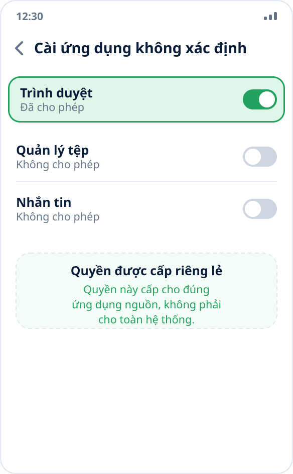 Cài đặt Android: quyền “Cho phép từ nguồn này” đã bật cho trình duyệt