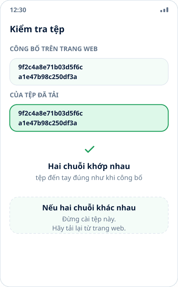 Đối chiếu mã băm: mã băm của tệp đã tải khớp với mã công bố trên trang web