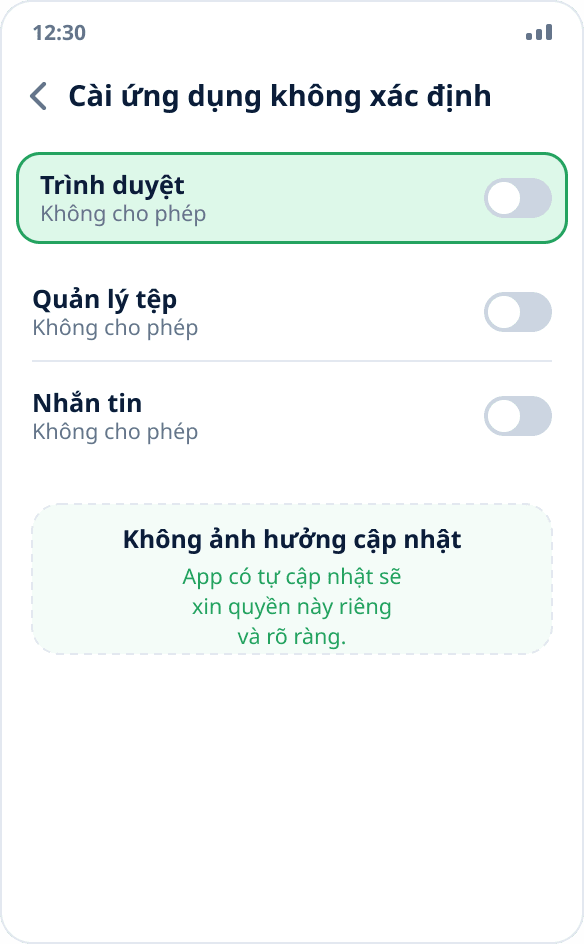 Quyền cài đặt từ nguồn này được tắt sau khi cài xong ứng dụng