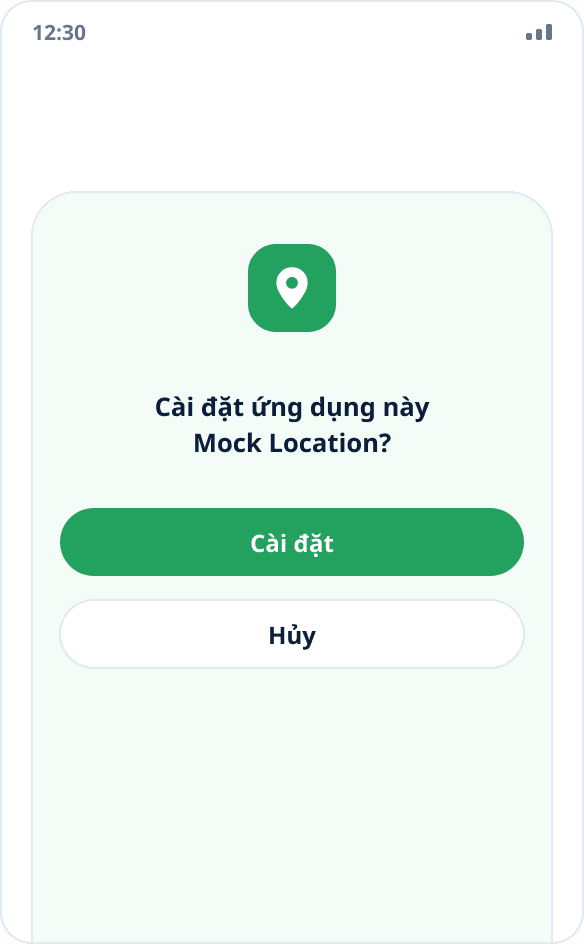 Hộp thoại cài đặt hệ thống cho Mock Location với nút “Cài đặt” và “Hủy”