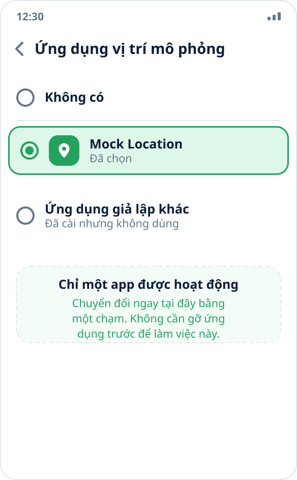 Danh sách ứng dụng vị trí mô phỏng: đã cài hai ứng dụng, chọn một — hệ thống chỉ cho phép một ứng dụng hoạt động