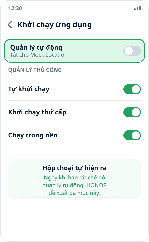 Quản lý khởi chạy ứng dụng trên HONOR: chế độ thủ công với tự khởi chạy, khởi chạy thứ cấp và chạy trong nền đều bật