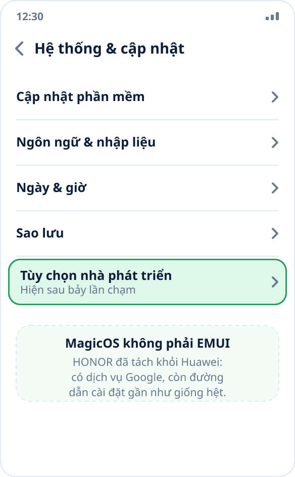 Mục “Hệ thống & cập nhật” trên HONOR: “Tùy chọn nhà phát triển” sau khi bật chế độ