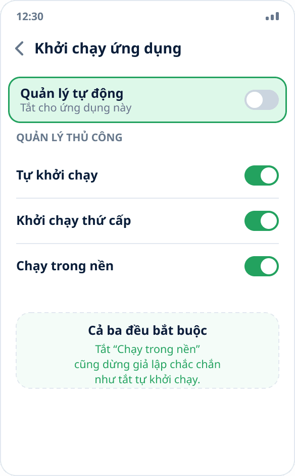 Cài đặt Huawei: tắt quản lý khởi chạy tự động cho Mock Location, bật cả ba công tắc