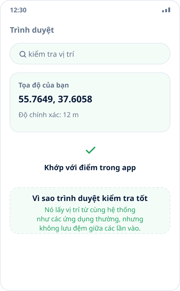 Kiểm tra vị trí trong trình duyệt: trang hiển thị tọa độ khớp với điểm đã chọn
