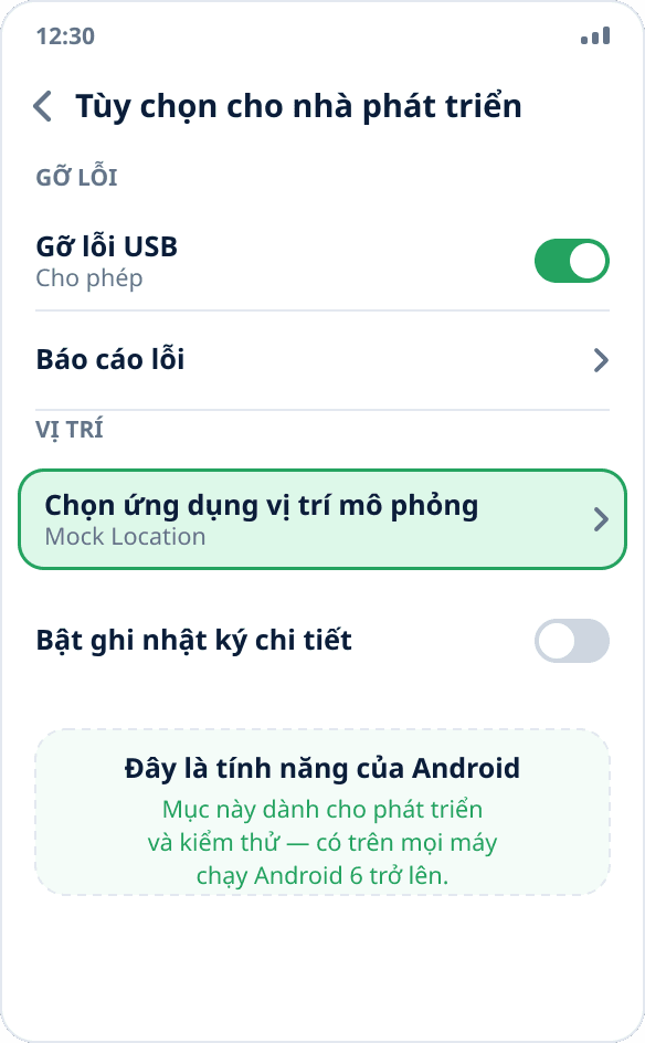 Mục “Chọn ứng dụng vị trí mô phỏng” trong tùy chọn cho nhà phát triển Android — cạnh mục gỡ lỗi USB