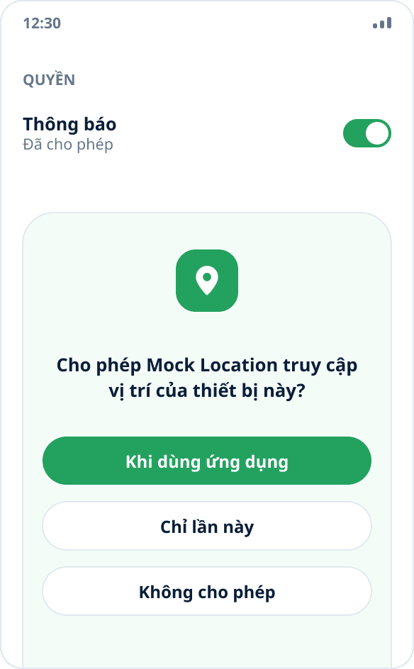 Lời nhắc hệ thống Android xin quyền truy cập vị trí cho Mock Location