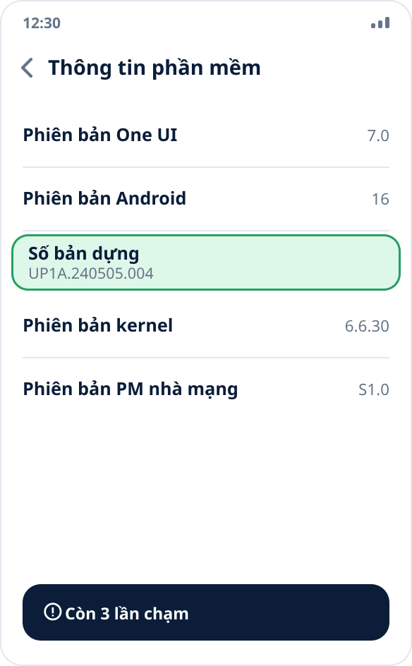 Màn hình “Thông tin phần mềm” trên Samsung: mục “Số bản dựng” cần chạm bảy lần được đánh dấu