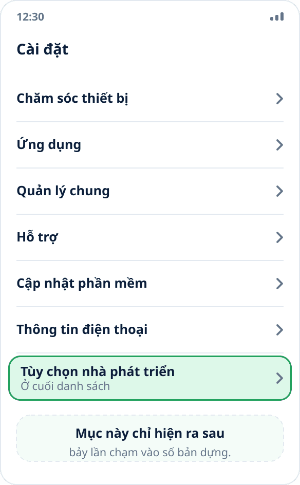 Danh sách cài đặt chính của Samsung: “Tùy chọn nhà phát triển” nằm ở cuối cùng