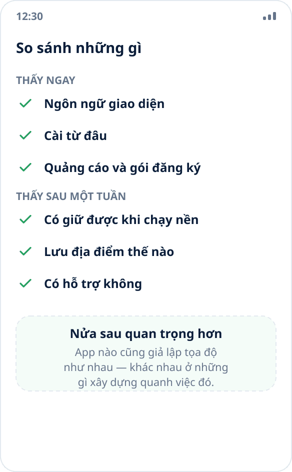 Danh sách tiêu chí chọn ứng dụng giả lập vị trí: ngôn ngữ, nguồn cài đặt, hoạt động nền, lưu địa điểm, quảng cáo