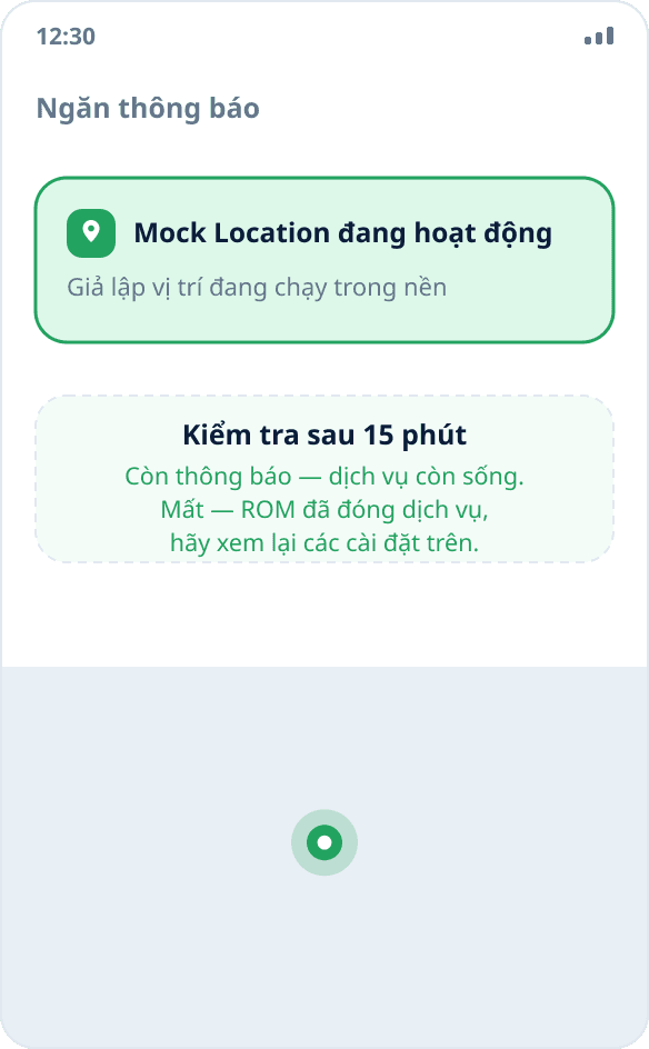 Thông báo thường trực của Mock Location trong ngăn thông báo: giả lập vị trí đang chạy trong nền