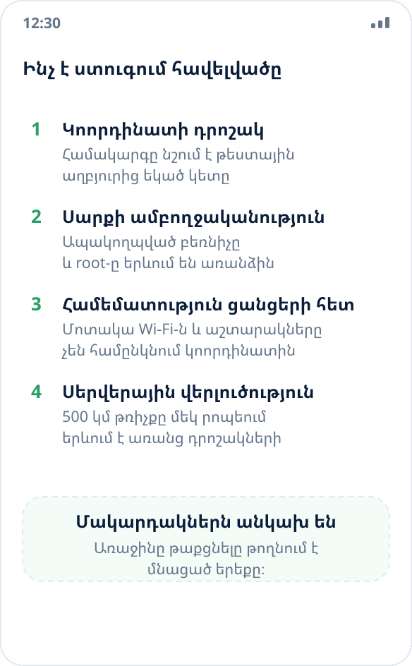Փոխարինման ստուգման չորս մակարդակ՝ կոորդինատի դրոշակ, սարքի ատեստավորում, համեմատություն ցանցերի հետ և սերվերային վերլուծություն