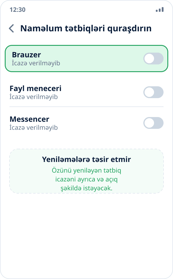 Tətbiq quraşdırıldıqdan sonra mənbədən quraşdırma icazəsi söndürülüb