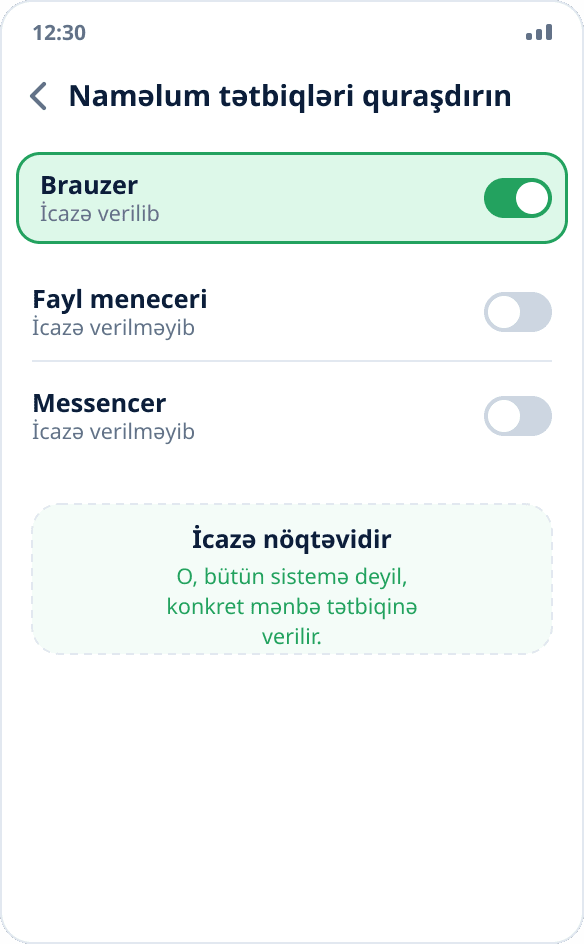 Android ayarları: brauzer üçün «Bu mənbədən icazə verin» aktivdir