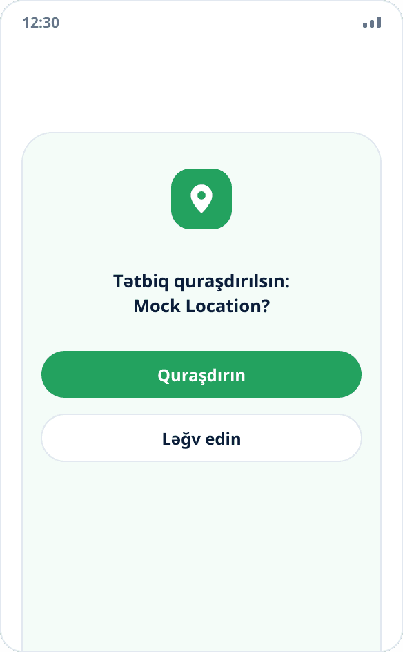Mock Location tətbiqinin quraşdırılması üçün «Quraşdırın» və «Ləğv edin» düymələri olan sistem dialoqu